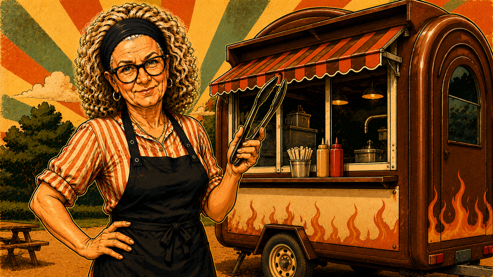Annette står klar med grilltang foran flammevognen med ketchup og sennep i lugen.