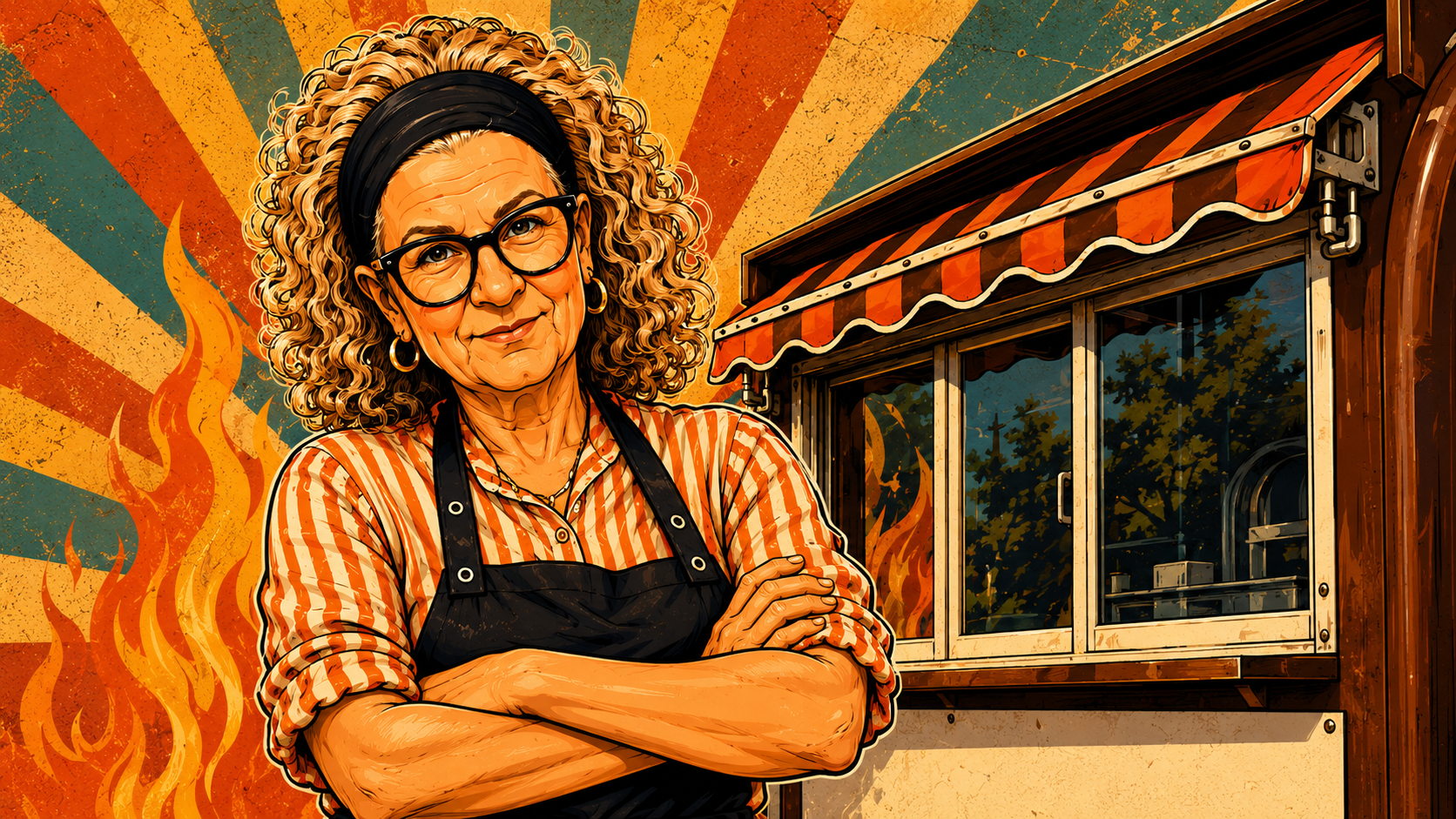 Annette med korslagte arme foran Havhexens pølsevogn med stribet markise og retro sol-baggrund.