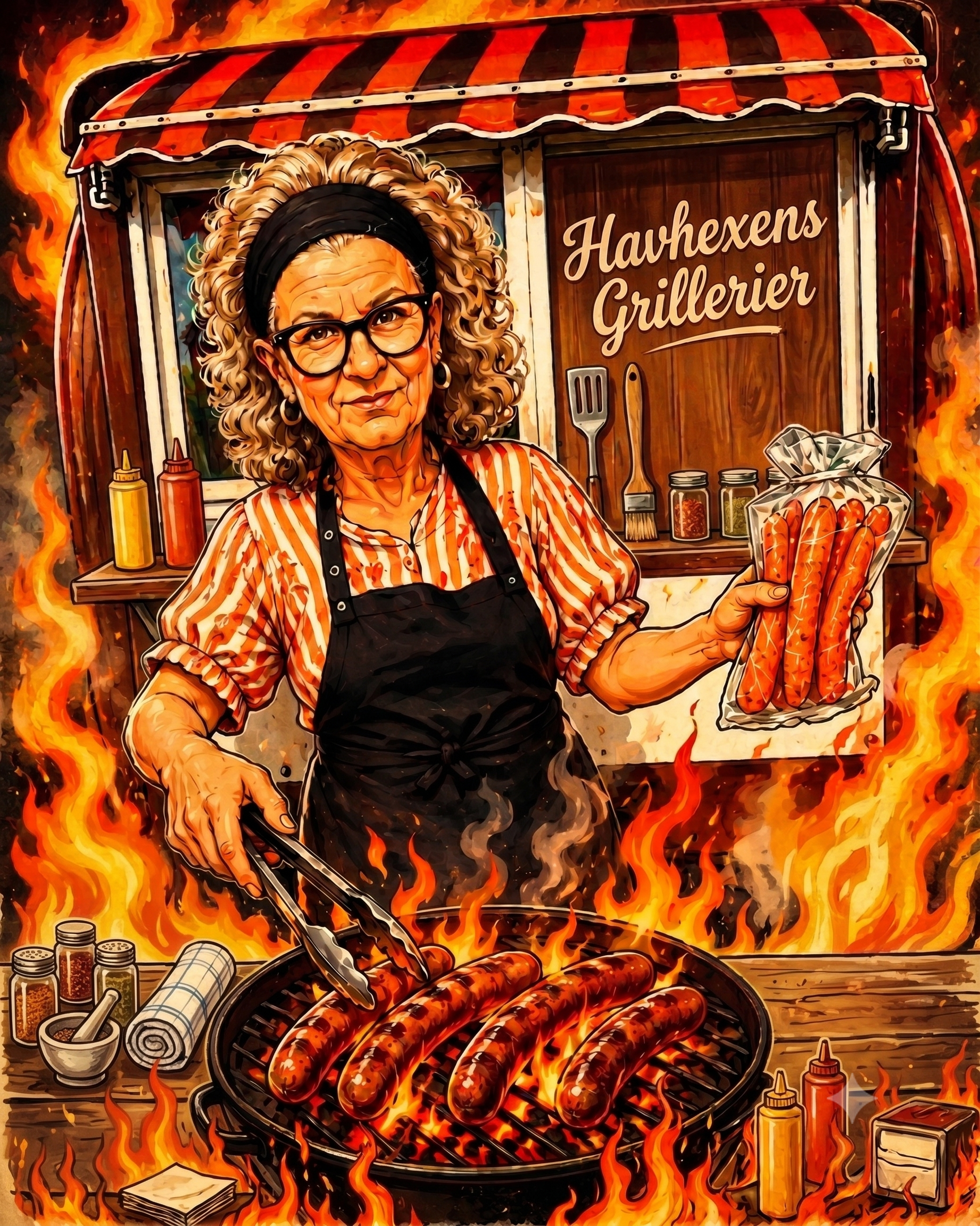 Annette griller pølser i Havhexens Grillerier-vognen omgivet af flammer, mens hun holder en pose pølser frem.